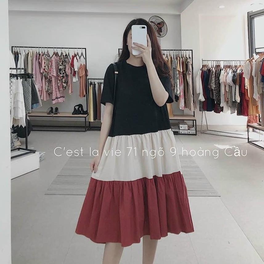 Đầm bầu cao cấp 3 tầngthiết kế sang chảnh mặc đi làm đi chơi đều đượcFree size 43~68kg