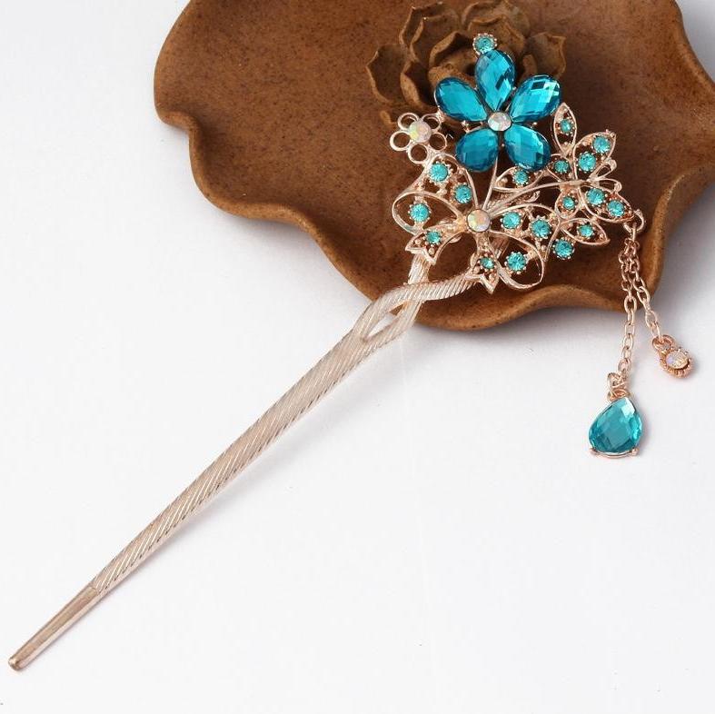 Trâm cài tóc nữ hoa nơ xanh lục bảo phong cách cổ trang