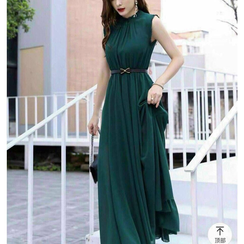 Đầm Maxi Cổ Trụ, Kèm Belt Thắt Eo, Màu Xanh Siêu Đẹp, Tôn Da, Sang Trọng