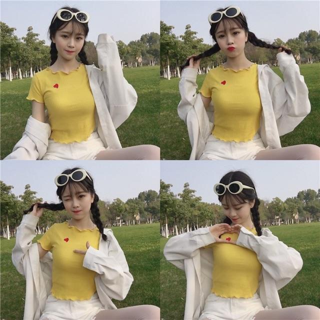 Áo Croptop Tay Ngắn Cuốn Biên Thêu Trái Tim