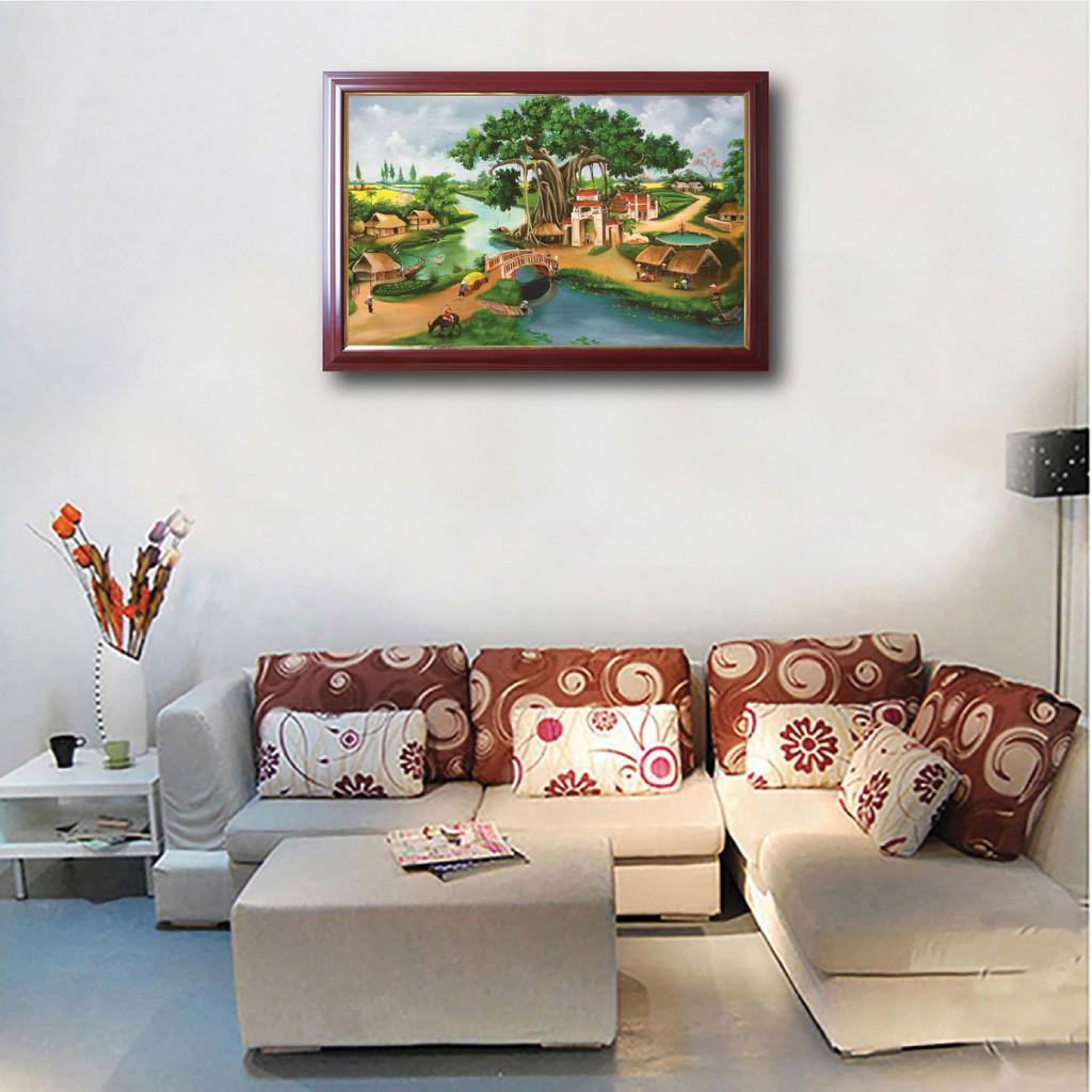 Tranh đồng quê treo tường, tranh canvas cây đa bến nước con đò TDQ-20