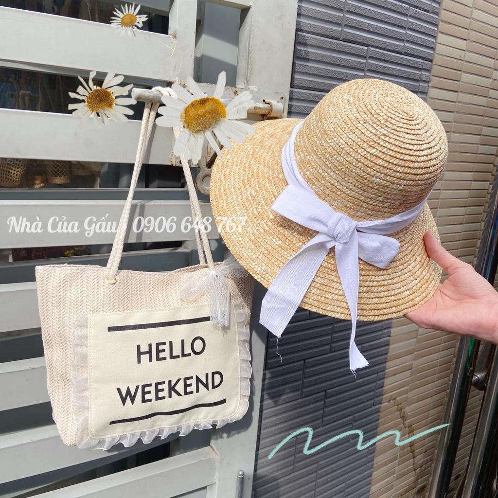 Túi cói Hello Weekend viền ren đeo vai dễ thương