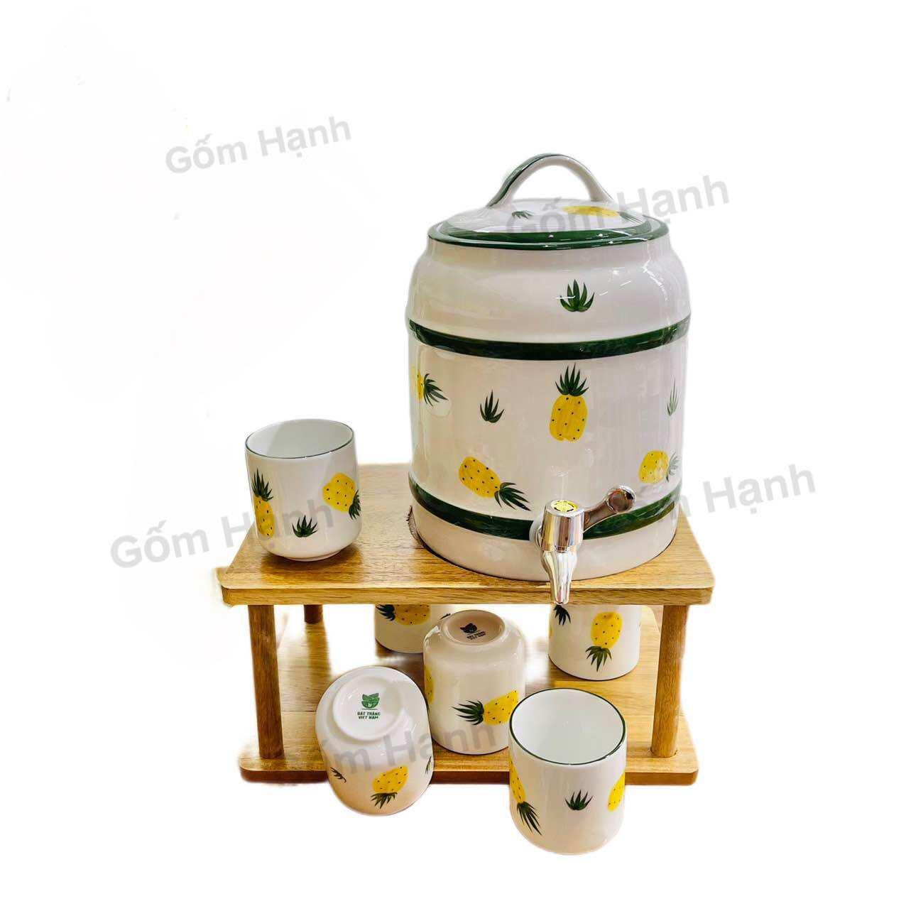 Bộ bình nước uống nước 4l-9l hoa văn dễ thương gốm Bát tràng gồm giá kệ, bình gốm, cốc uống nước