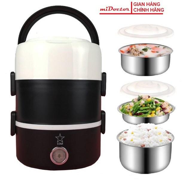 Bộ hộp cơm điện giữ nhiệt 3 tầng, ruột inox cao cấp miDoctor, cà men hâm nóng thức ăn + Tặng kèm túi giữ nhiệt