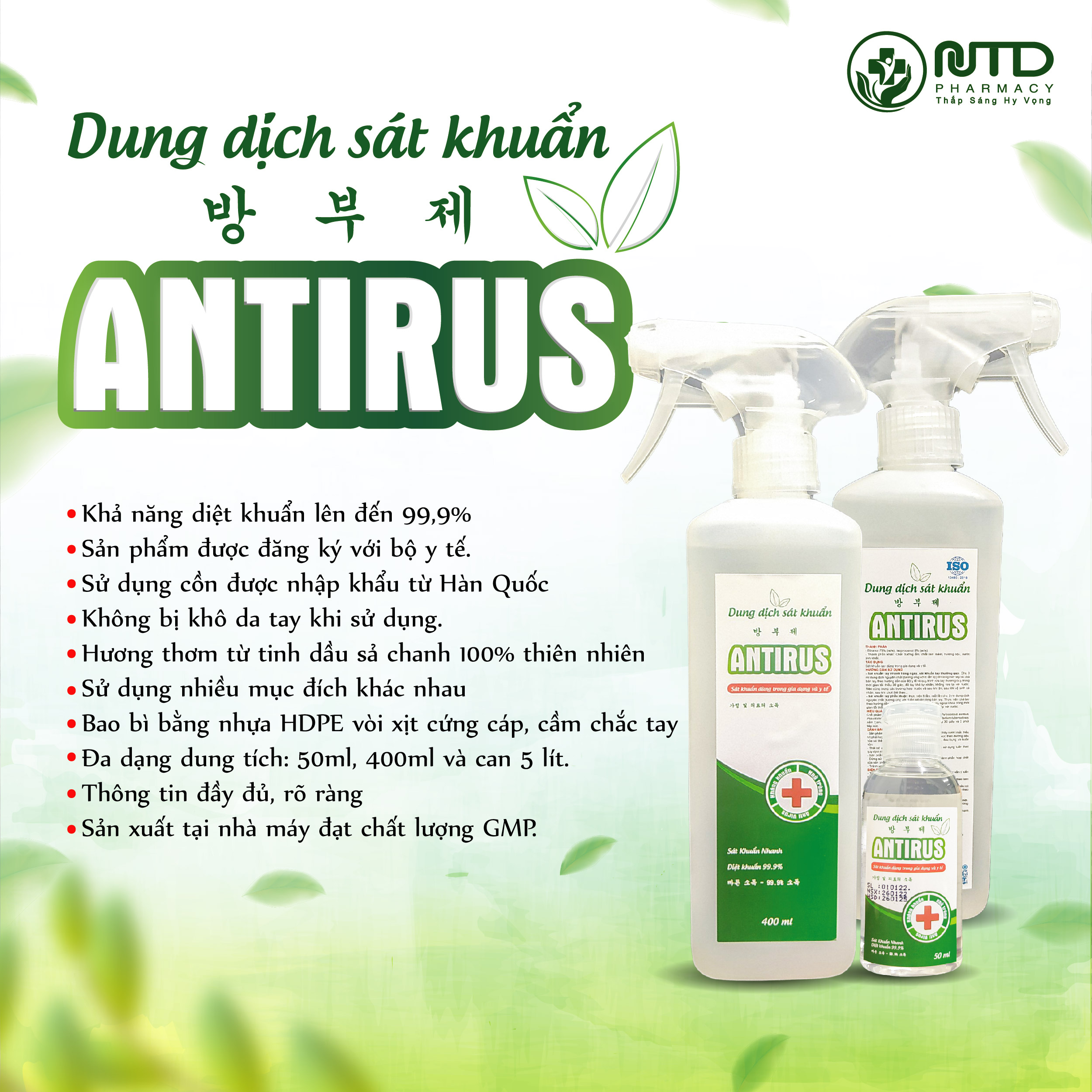 Dung dịch cồn sát khuẩn Antirus hương sả chanh 400 ml