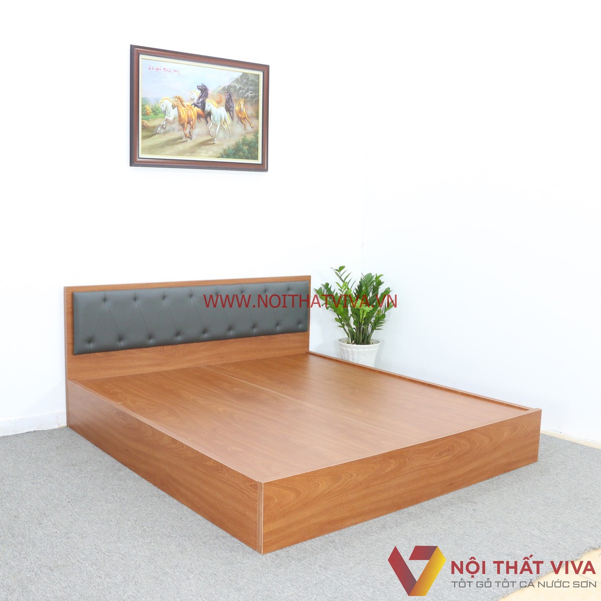 Giường Ngủ Gỗ MDF Melamine Màu Xoan Đào Có Đầu Nệm Đen Đẹp