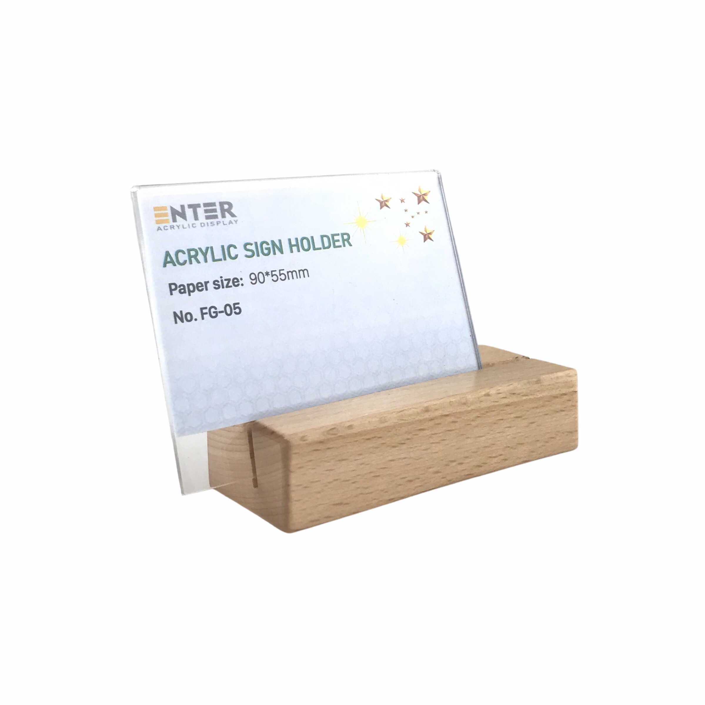 Kệ mica 1 mặt đế gỗ Enter FG-05 90x55mm, Kệ thông tin sản phẩm, Standee mica để bàn, Bảng quét mã QR Code