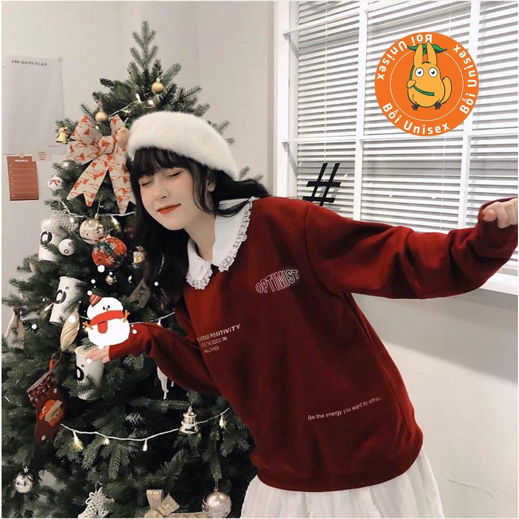 Áo sweater nỉ bông đỏ dày Cao Cấp FreeSize Optimist Nam Nữ phối đồ đẹp