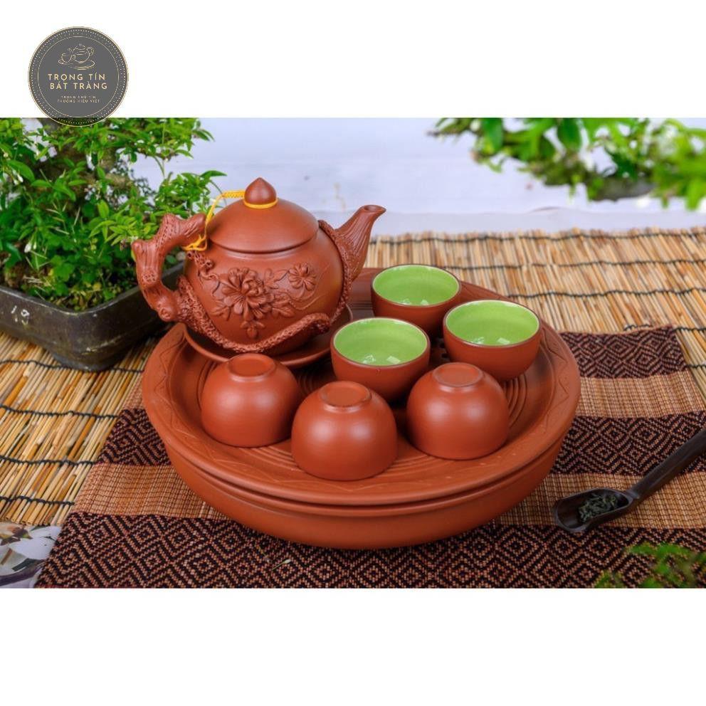 Bộ Ấm Chén Trà Đạo Gốm Tử Sa Bát Tràng Đắp Nổi Hoa Phù Dung Dáng Thủy Bình Dung Tích 400ml ATSML 02.1