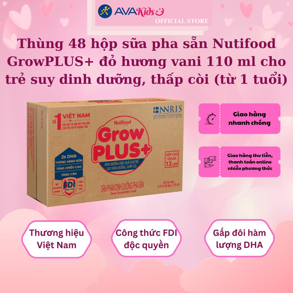 Thùng 48 hộp sữa pha sẵn Nutifood GrowPLUS+ đỏ hương vani 110 ml cho trẻ suy dinh dưỡng, thấp còi (từ 1 tuổi)