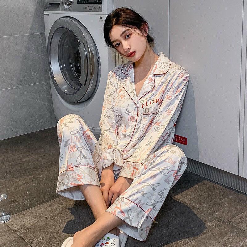 Đồ Ngủ Pijama Lụa Quảng Châu Tay Dài Quần Dài Kiểu Trăng