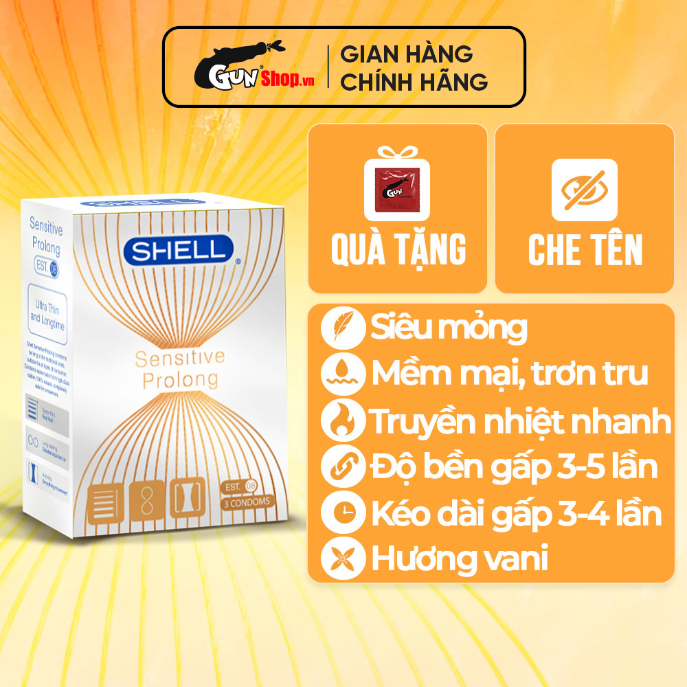 Bao cao su Shell Sensitive Prolong - Siêu mỏng 0.03mm, kéo dài thời gian - Hộp 3 cái