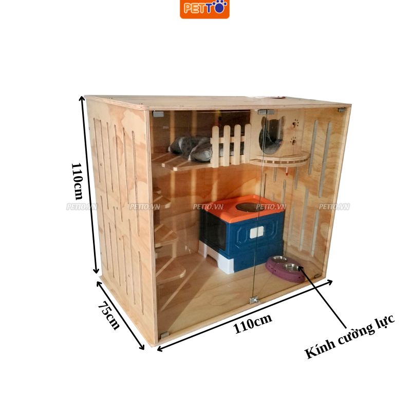 Chuồng cho mèo bằng gỗ PETTO để được nhà vệ sinh, Nhiều không gian cho mèo vui chơi cào móng CC061