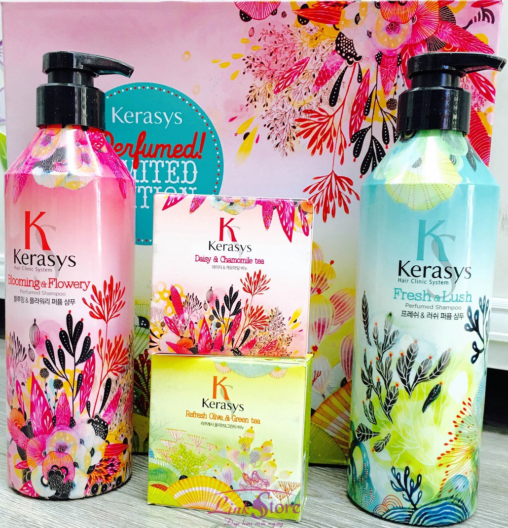 Cặp dầu gội/xả nước hoa KeraSys Blooming&amp; flowery - Hương tuyết tùng và linh lan Hàn Quốc (2x600ml) tặng kèm móc khoá