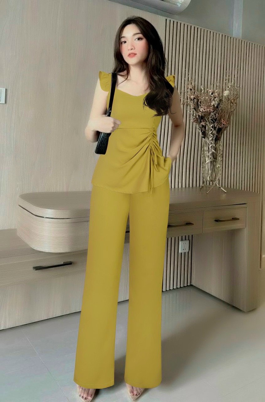 Set nguyên bộ quần dài ống suông + áo 2 dây bản to bèo xếp ly eo xinh xắn