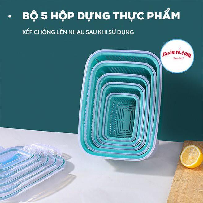 Bộ 5 hộp đựng thực phẩm kèm rổ có nắp đậy bảo quản trong tủ lạnh thiết kế 2 lớp đa năng 01464