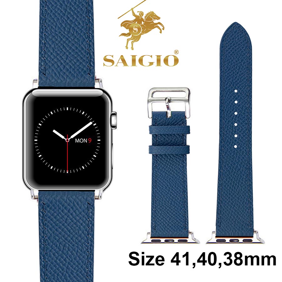 Dây Đồng Hồ Apple Watch 41mm 40mm 38mm, Chất Liệu Da Bê EPSOM Thảo Mộc Cao Cấp, Nhập Khẩu Từ Châu Âu, Dây Đeo Phong Cách Hiện Đại và Sang Trọng, Tương Thích Các Phiên Bản Series 8/7/6/5/4/3/2/1/SE/SE2 - Xanh Dương - ADAPTER BẠC