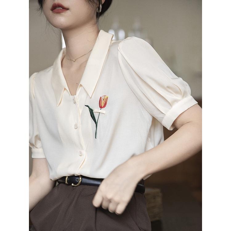 Áo sơ mi công sở thêu hoa tuy lip QUYÊN FASHION SMT009, màu hồng kiểu hàn quốc thanh lịch