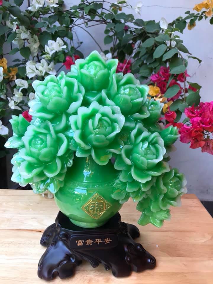 Bình Hoa Mẫu Đơn đẹp lắm xanh lộc lá size cao 38cm x ngang 30cm x sâu 12cm Biểu Tượng Sự Giàu Sang Phú Quý Hợp ACE mệnh Mộc Hoả trưng bàn rất đẹp