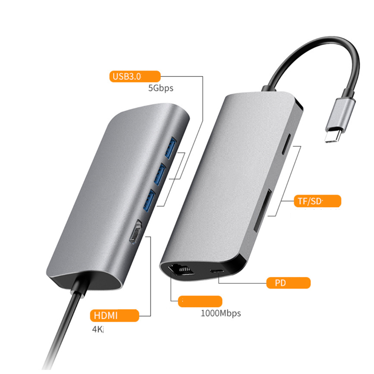 Hub USB Type-C 8 Cổng USB 3.0/HDMI/SD/TF/LAN Gigabit (RJ45) hỗ trợ sạc USB-C