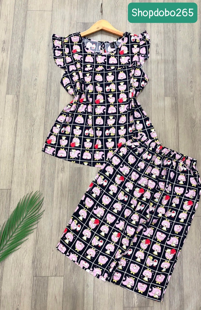 Đồ bộ nữ, đồ ngủ mặc nhà lửng tay cánh tiên vải lanh mềm ,mát BL 183 họa tiết dễ thương size 45-70kg