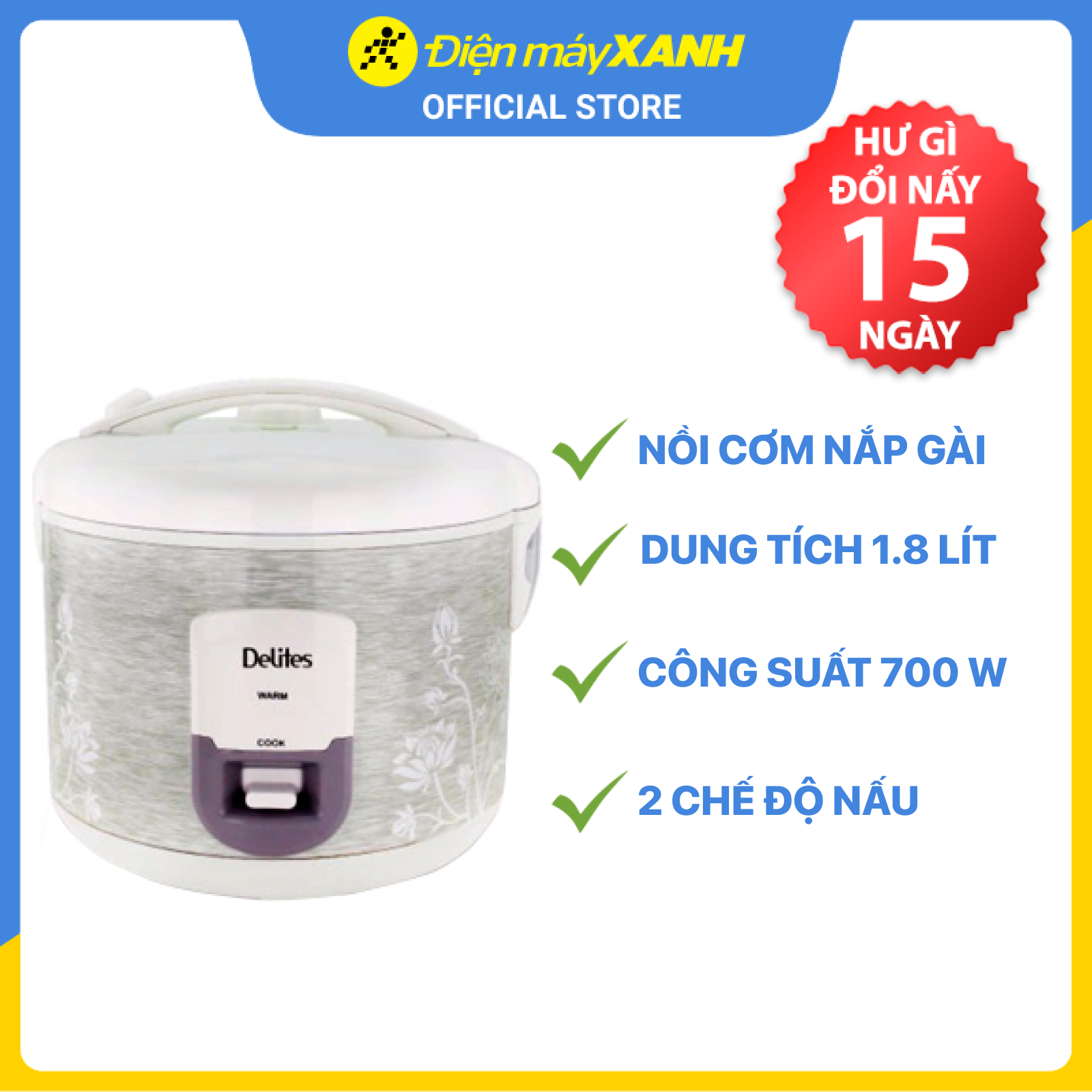 Nồi cơm điện nắp gài Delites 1.85 lít NCG1805 - Hàng chính hãng