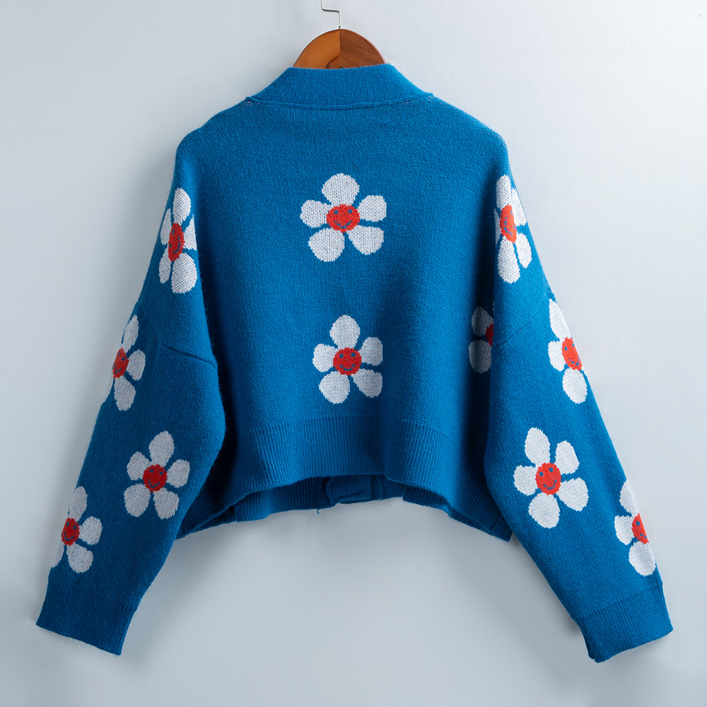 Short Cardigan for Women Flower Knit Sweater V Neck Button Long Sleeve Loose Coat Casual