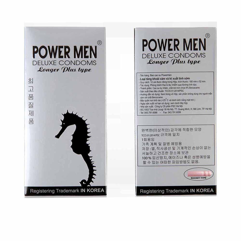 Bao cao su Powermen LONGER PLUS gân gai tăng khoái cảm kéo dài thời gian có 9% Benzocain hạn chế xuất tinh sớm 12 bao