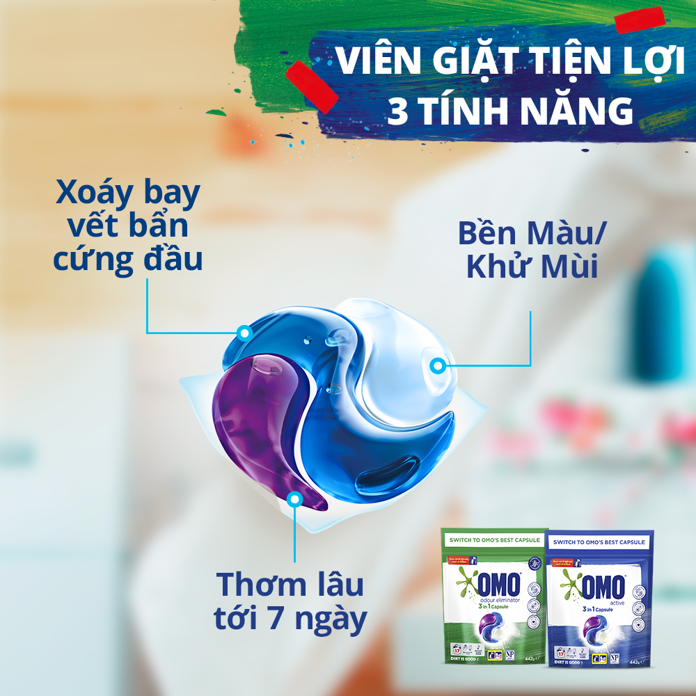 Combo 3 Túi Viên Giặt Quần Áo Omo Cho Máy Giặt Cửa Trước Và Cửa Trên Công Nghệ Anh Quốc 17 Viên