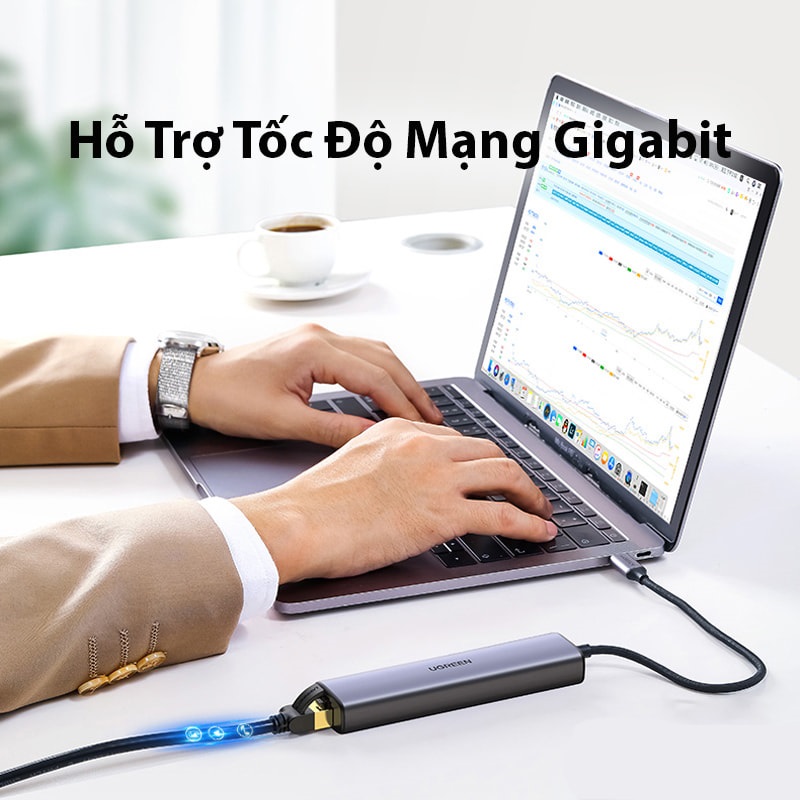 Cáp Chuyển USB-C to LAN 100/1000Mbps Kèm HUB 3 Cổng USB 3.0 Ugreen 20920 - Hàng Chính hãng