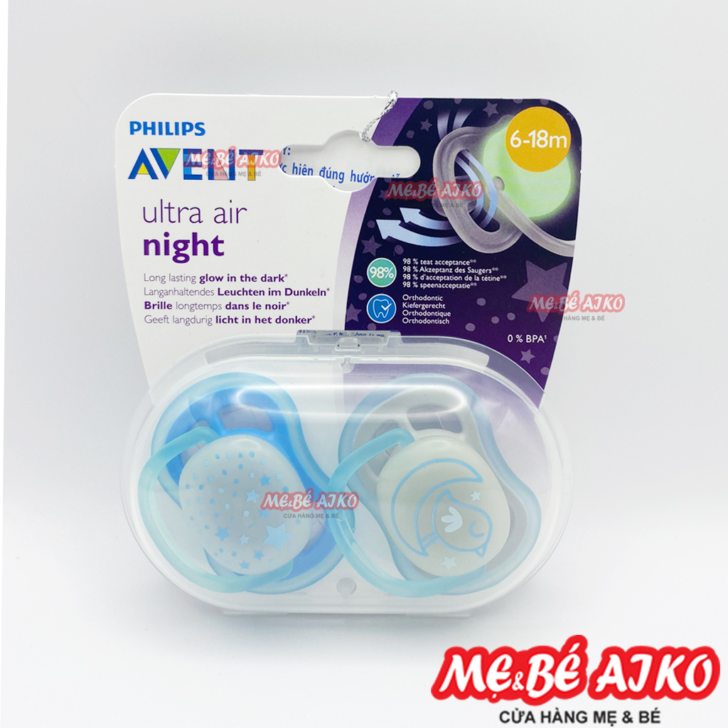 Núm Ty Ngậm Ultra Air Night Ban Đêm, Núm Ty Phát Sáng, Dạ Quang Ban Đêm Philips Avent Bé Từ 6-18 tháng