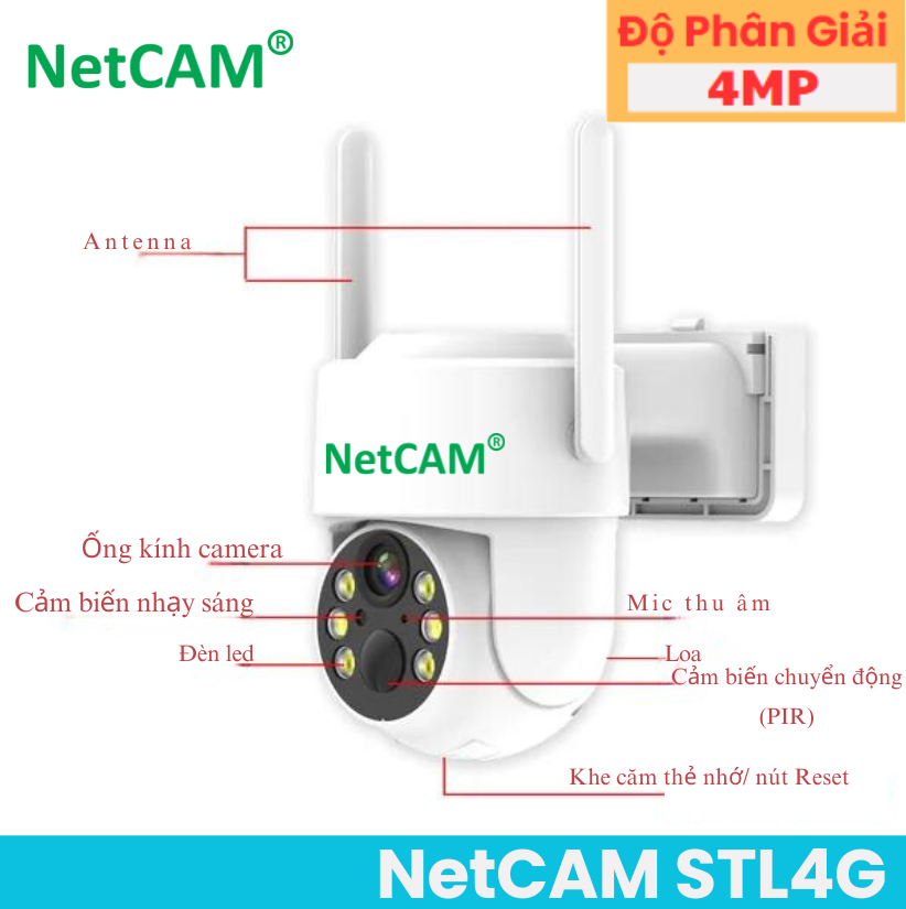 Camera Năng Lượng Mặt Trời 4G Không Dây NetCAM STL4G, Chất lượng video HD 4MP, Dùng Sim 4G, Dung lượng pin 8000mAh - Hàng Chính Hãng