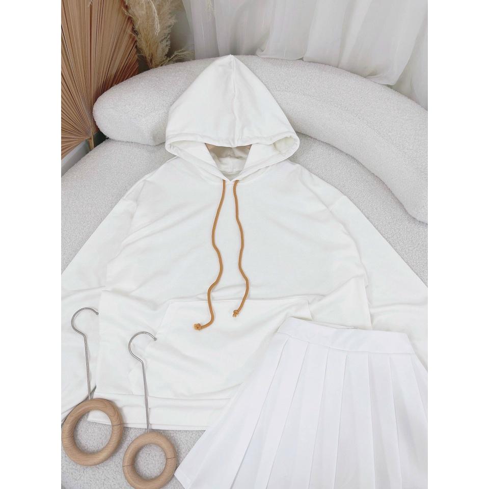 Set áo hoodie trắng có mũ kèm chân váy xếp ly ngắn năng động đồng phục hàn quốc