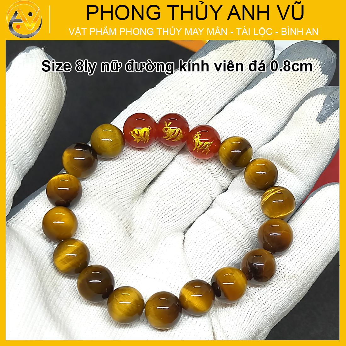 Vòng tay con giáp tam hợp hợi mão mùi đã khai quang - chất liệu mắt hổ vàng nâu tự nhiên - size 8 10 12ly - may mắn tài lộc - Vòng Tam Hợp Anh Vũ