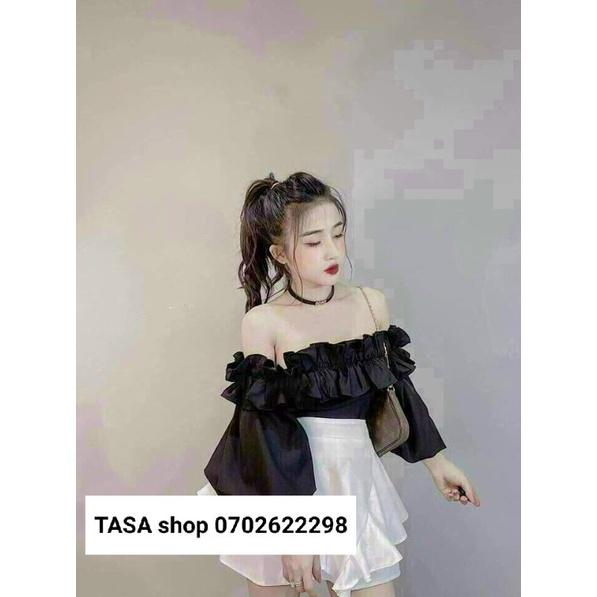 TSL-set áo tay phồng trễ vai chân váy có mút ngực đen, nâu chân váy trắng 2 tầng xòe bèo cực xinh TASA