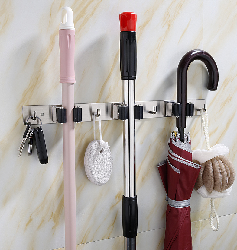 Móc kẹp chổi, cây lau nhà tích hợp móc treo tiện lợi Inox 304 Wall Mount Mop Home Organizer Holder