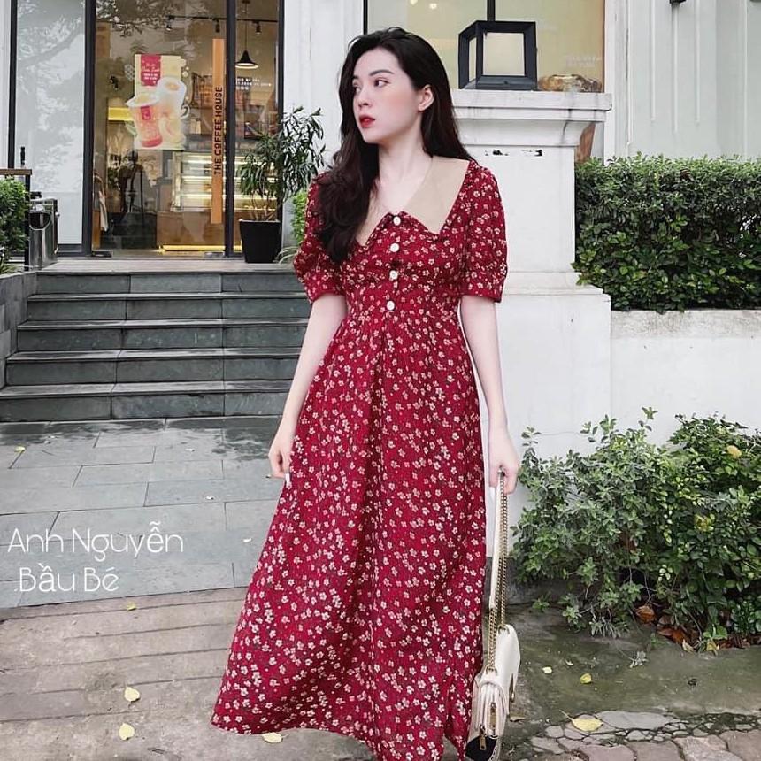 Váy Bầu Hoa Nhí Có Cổ Cúc Thật Cho Bé Bú HD2838 Honey Mommy Đầm Bầu Hè Cộc Tay Đi Làm Đi Chơi Công Sở