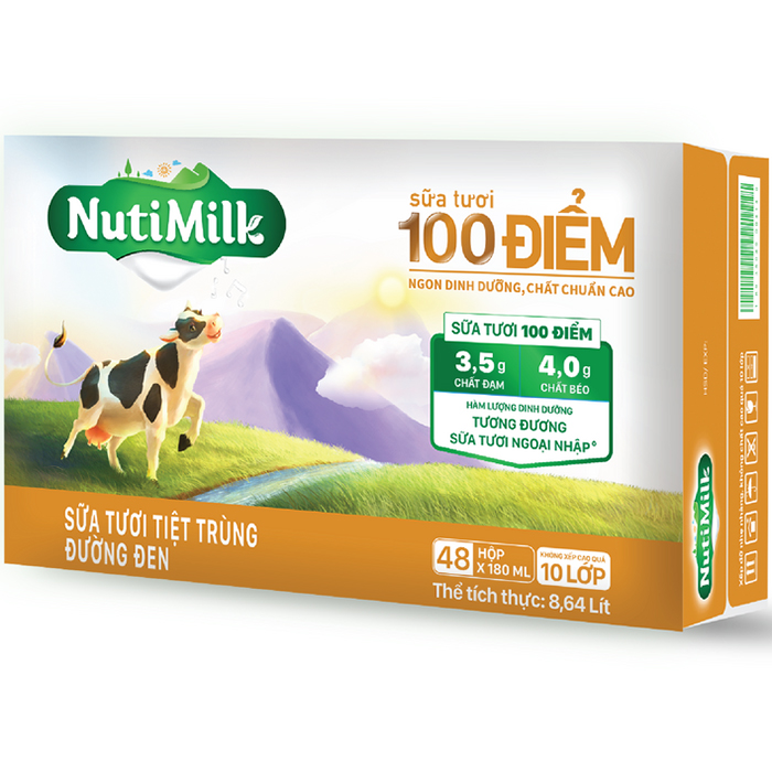 Thùng 48 hộp NutiMilk Sữa tươi 100 điểm - Sữa tươi tiệt trùng Đường đen hộp 180ml