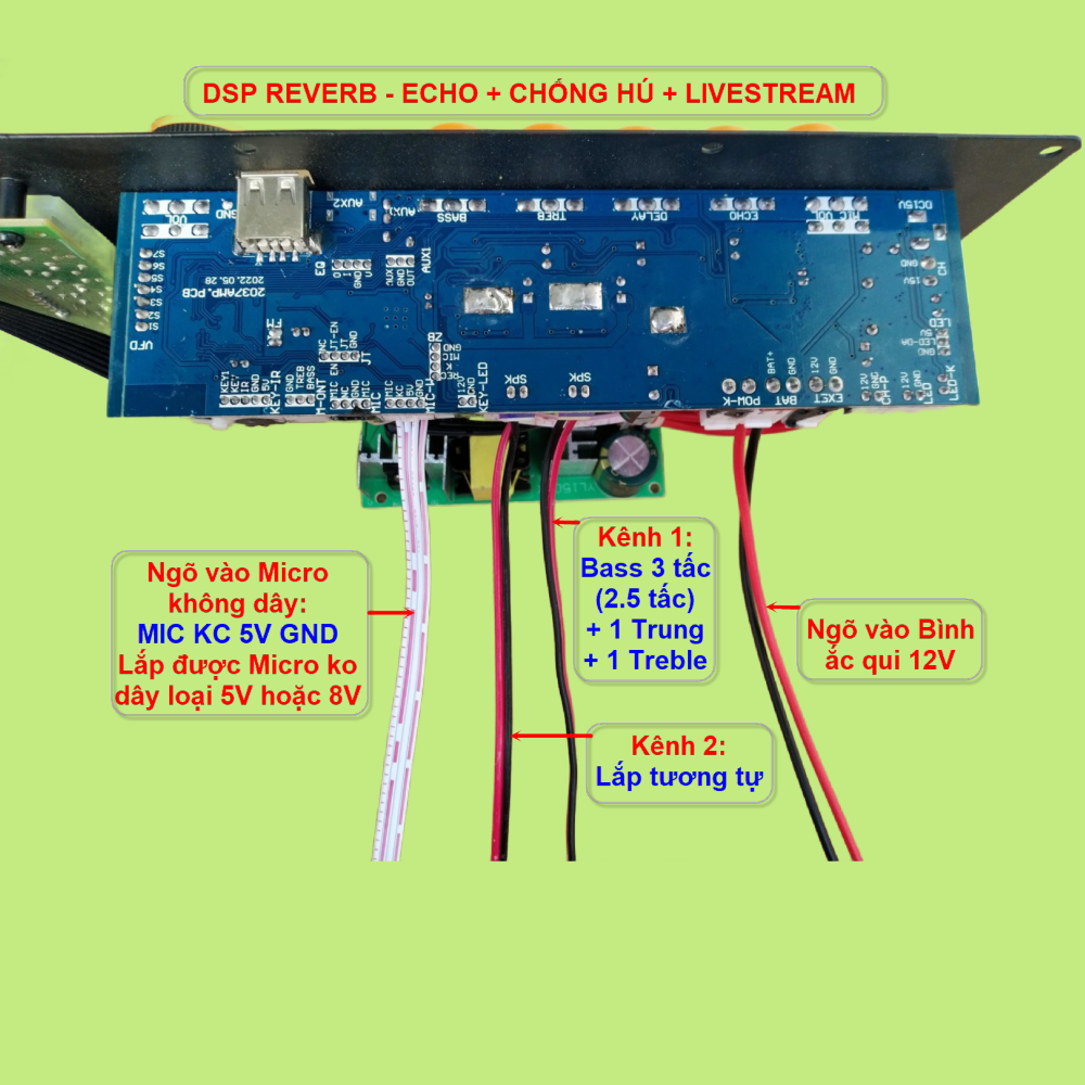 Mạch loa kéo 2 kênh Livestream DSP Reverb – Echo Chống hú 2 IC CS3818E 100W + 100W – Loa kéo 3 tấc đôi