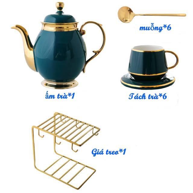 BỘ BÌNH TRÀ,CÀ PHÊ SỨ TEA SET XANH CỔ VỊT VIỀN VÀNG KÈM 6 ĐĨA, GIÁ TREO ỐC VÀ 6 THÌA VÀNG SANG TRỌNG PHONG CÁCH ÂU - ANTH 275