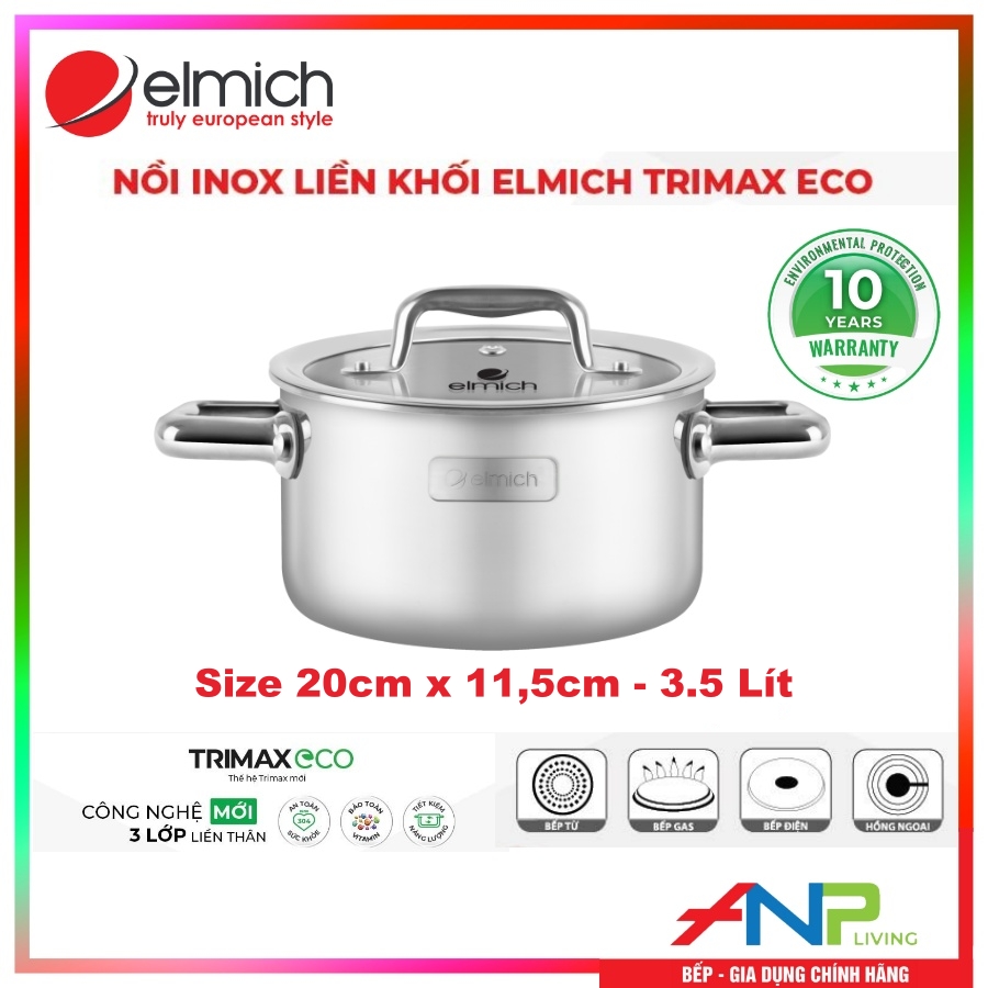 Bộ Nồi INOX 3 Lớp Liền Khối Elmich Trimax ECO EL-8005 (Bộ 3 Nồi Size 18, 20, 26cm &amp; Quánh Size 16cm) - HÀNG CHÍNH HÃNG