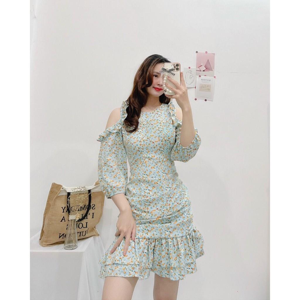 ĐẦM BODY HOA NHÍ XANH VÀNG KHOÉT VAI CỔ TRÒN NHÚN THÂN-hình thật shop chụp