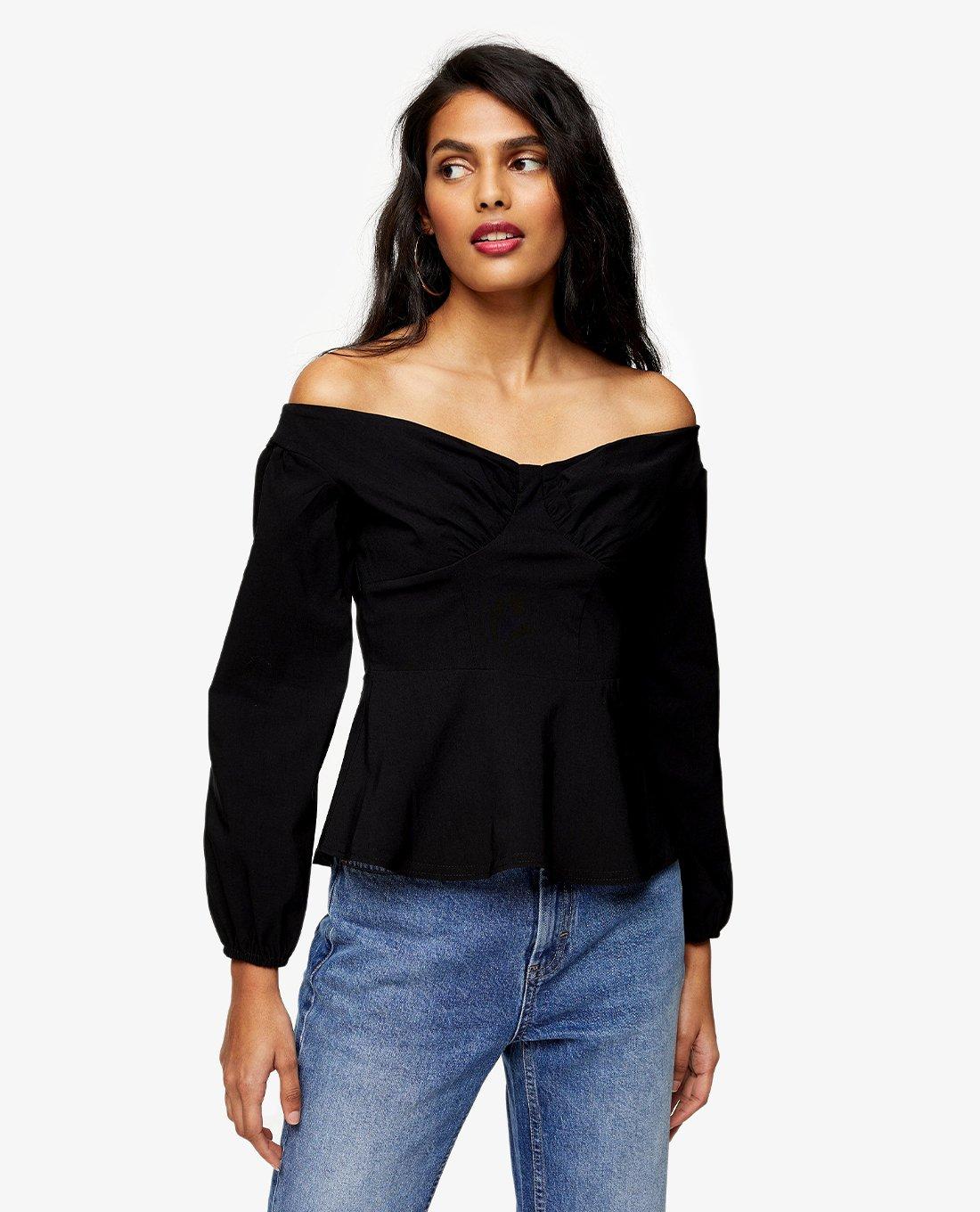 TOPSHOP - Áo kiểu nữ trễ vai Black Stretch Sheer Panel 13P96TBLK