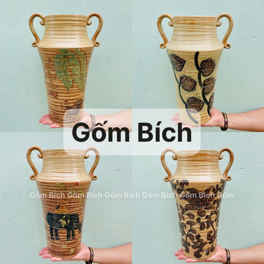 Bình Hoa Gốm Khắc Tay Men Thuần Mộc Gốm Sứ Bát Tràng Lọ Hoa Đẹp - Gốm Bích