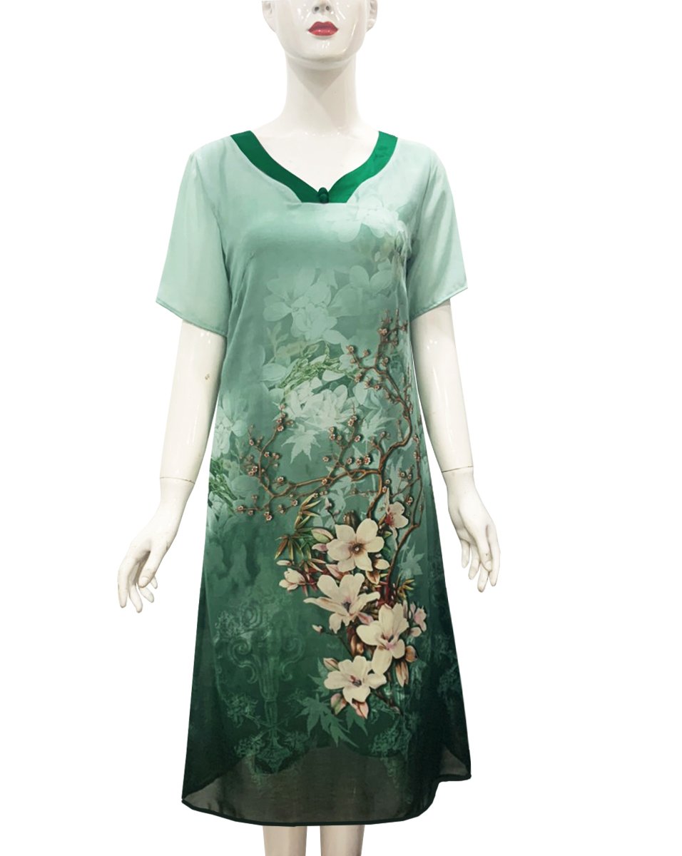 ĐẦM SUÔNG CỔ TIM PHỐI NÚT IN HỌA TIẾT HOA TRẮNG