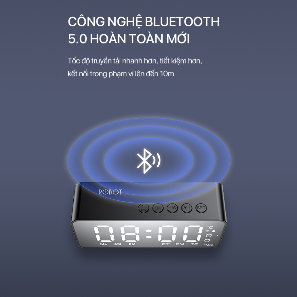 Loa Bluetooth 5.0 màn hình LED kiêm đồng hồ báo thức và kính tráng gương công suất lớn hỗ trợ thẻ nhớ-ROBOT RB150, hàng nhập khẩu