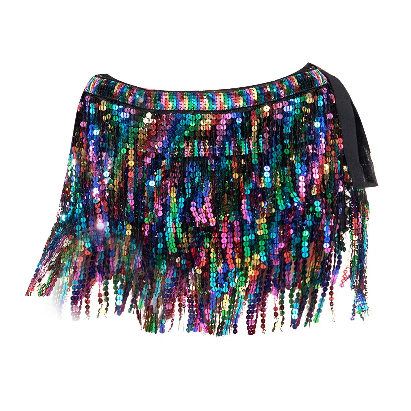Women Belly Dance Hip Skirt Tassel Scarf Belt Latin Samba Sequin Wrap Dress