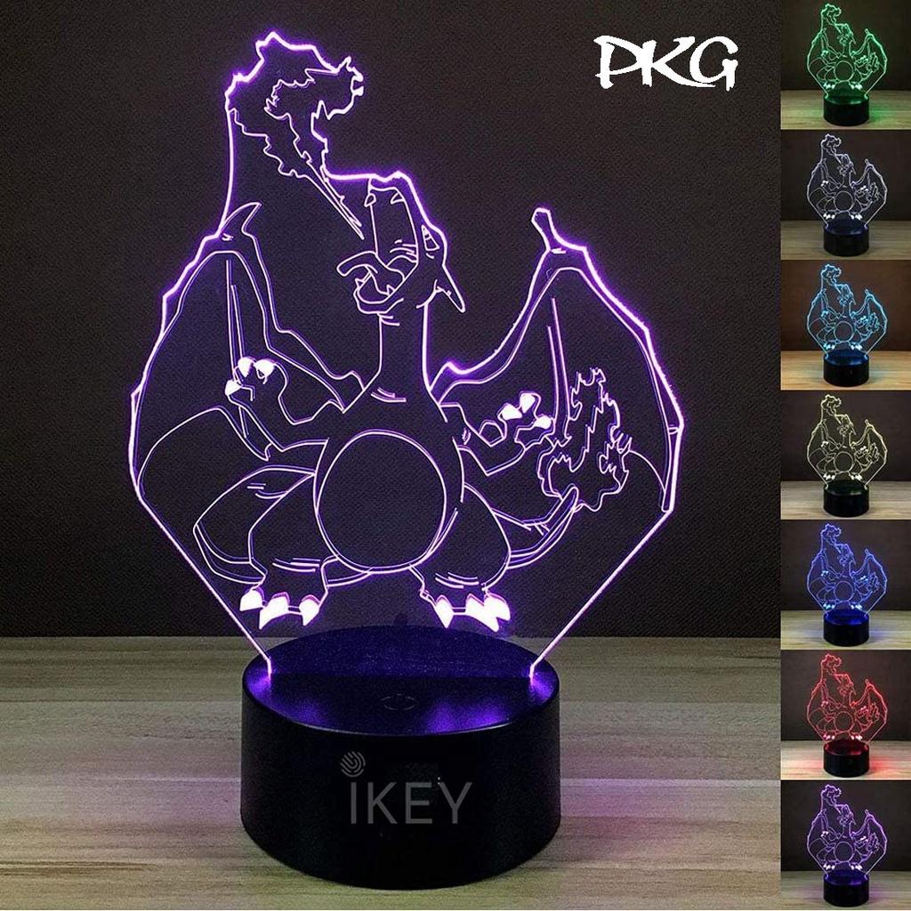 Đèn Ngủ Led 3D Hình Charizard Pokemon Quà Tặng Trang Trí cảm ứng có Điều khiển từ xa nháy sáng 16 màu