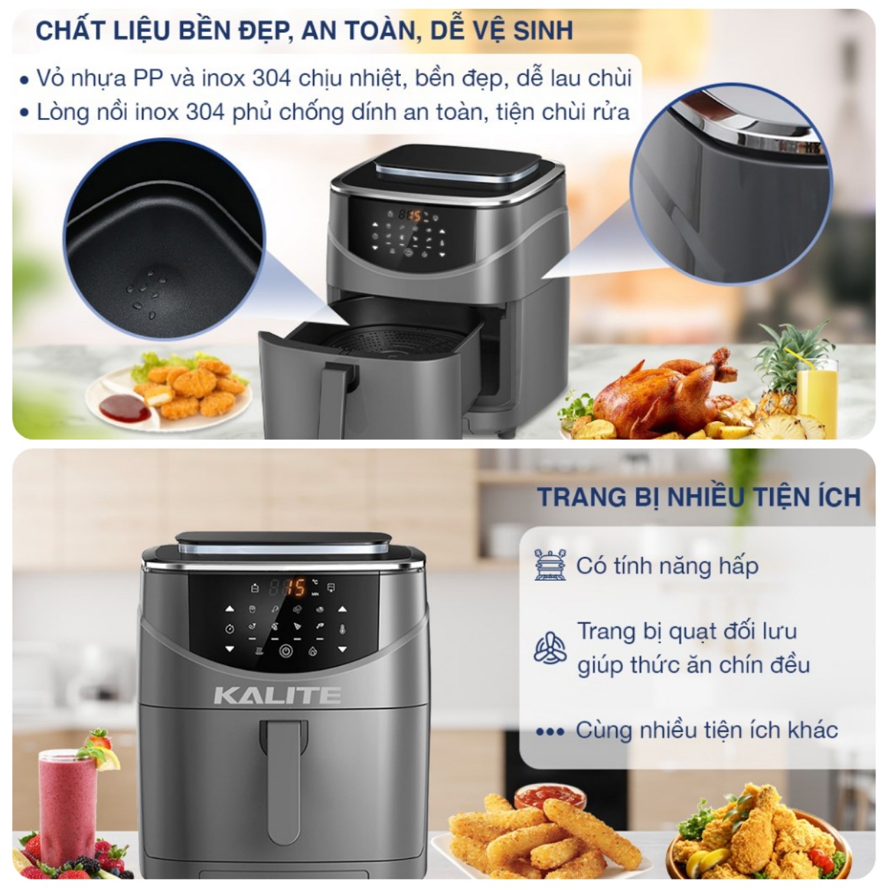 Nồi Chiên Hấp Đa Năng Kalite Steam 7, Dung Tích 7.0Lit - 2600W, Hàng Chính Hãng