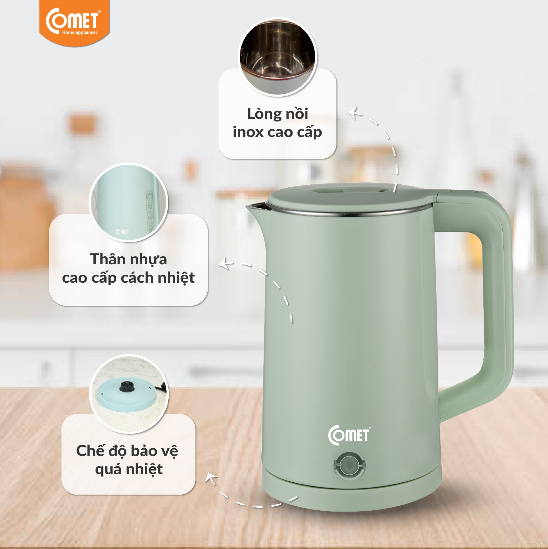 Bình đun siêu tốc 2 lớp Comet CM8226 – Hàng chính hãng -  Dung tích 1.8L, công suất 1500W, chống bỏng, tự ngắt an toàn